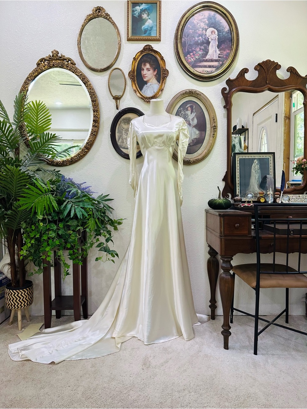 Ivory Satin Long Sleeve Bridal Gown with Train